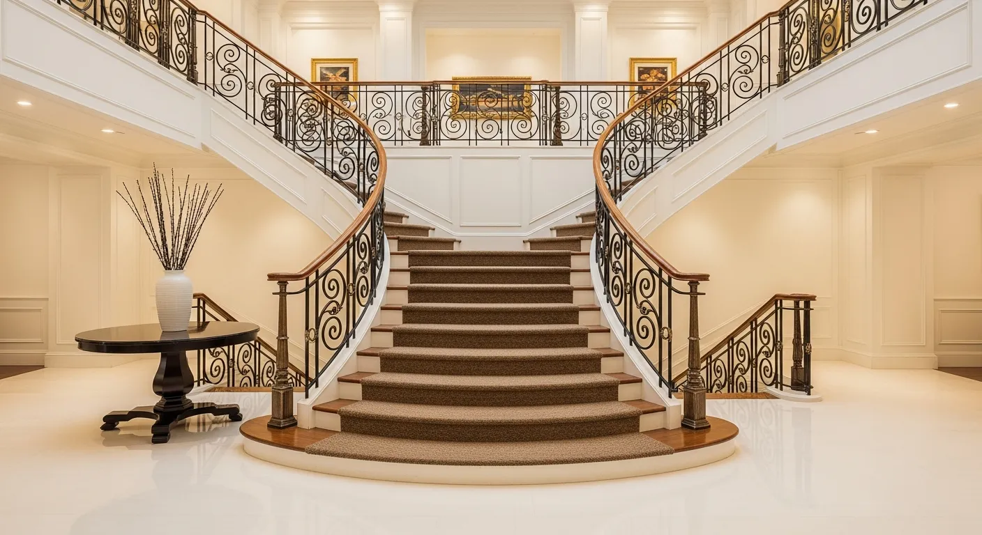 A Grand, Symmetrical Split Staircase in the Opulent Lobby of a Luxury Hotel or Mansion