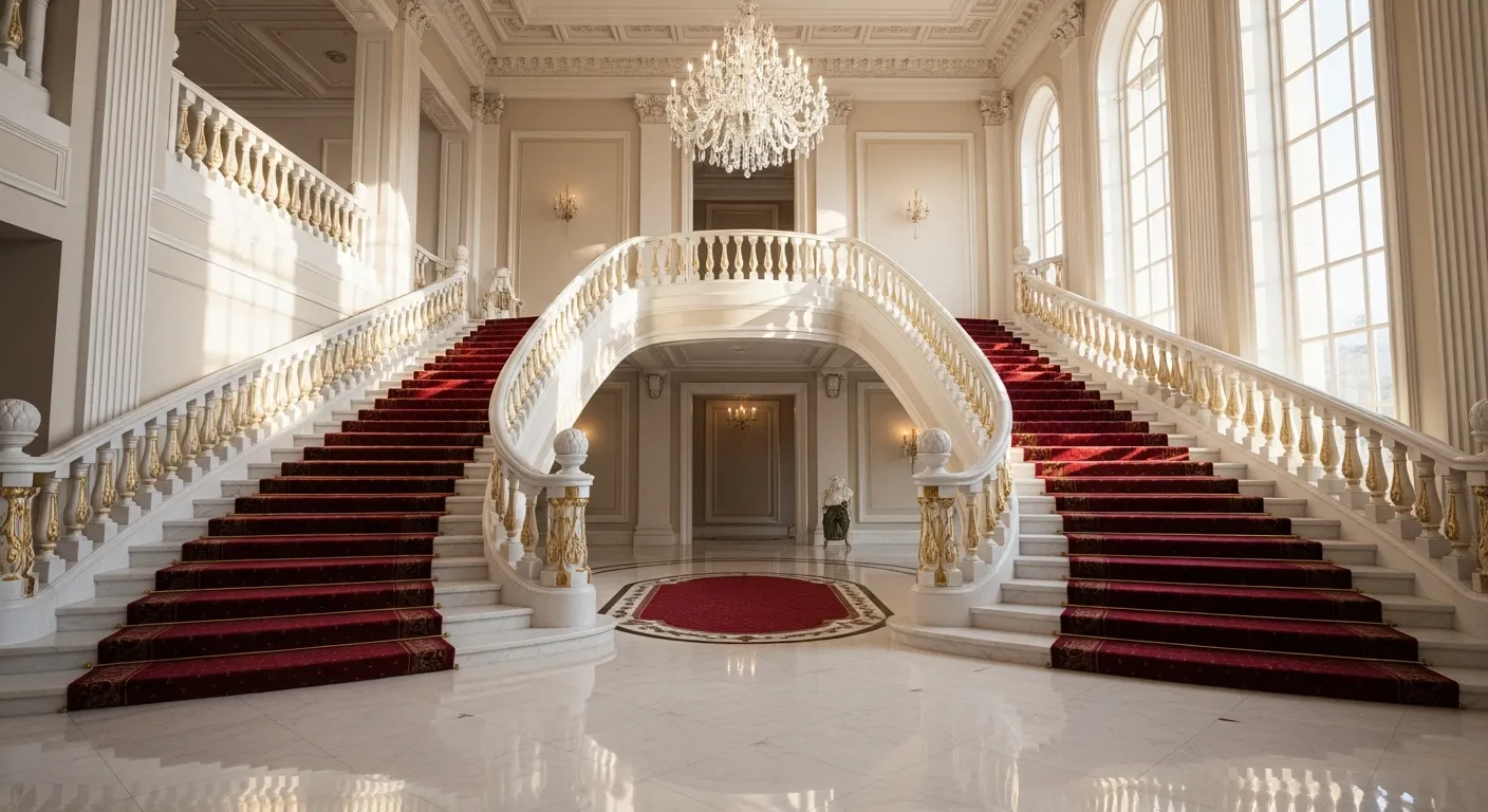 A Grand and Luxurious Double-flight Staircase, Evocative of a Whimsical Fairytale, Dominating the Opulent Foyer of an Elegant Mansion