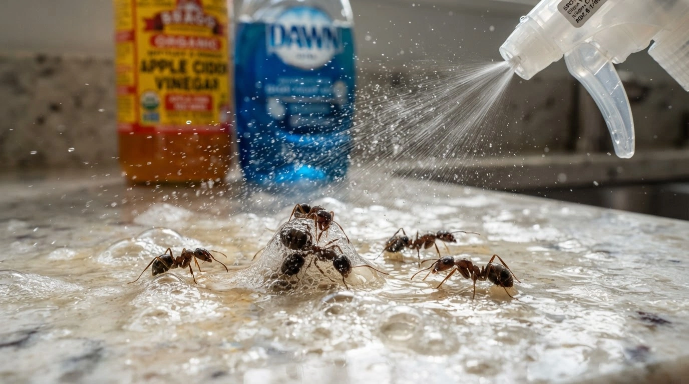 A Group of Dark Brown Ants Struggling on a Pristine, Kitchen Countertop, Drenched in Glistening, Foamy Apple Cider Vinegar and Dish Soap Mixture