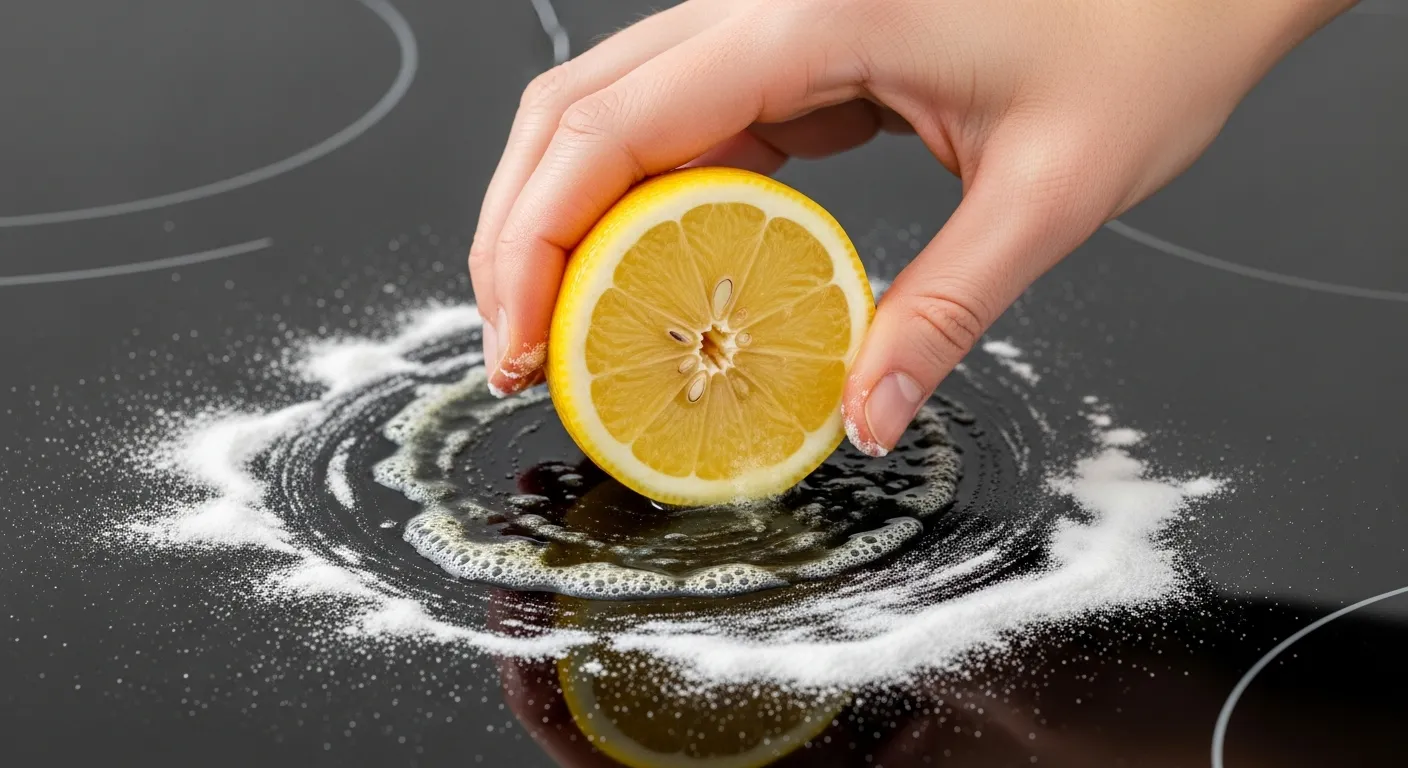 A Hand Actively Rubbing a Vibrant Yellow Lemon Half on a Stubborn, Baked-on Grease Stain on a Sleek, Black Glass-top Stove With Baking Soda