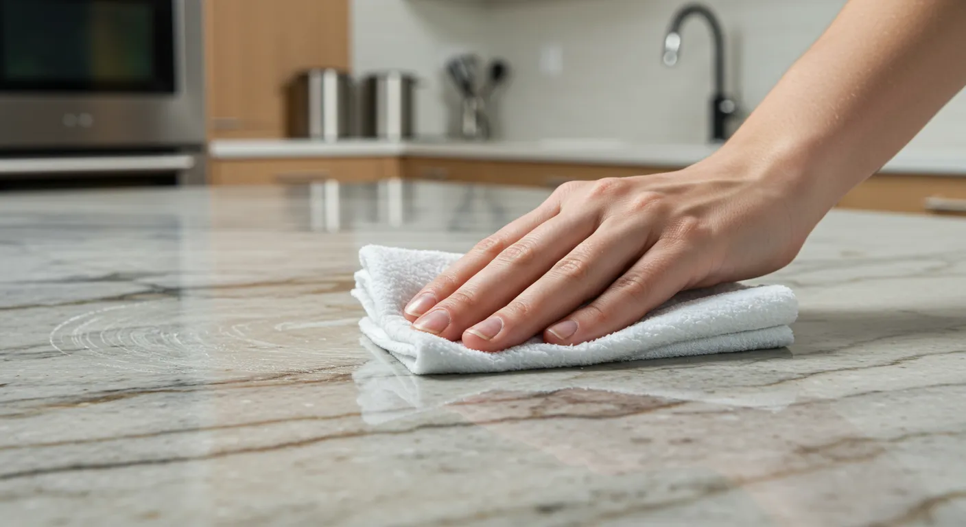 A Hand Applies Stone Sealer With a Lint-Free Cloth in Small, Consistent Strokes A Hand Applies Stone Sealer With a Lint-Free Cloth in Small, Consistent Strokes