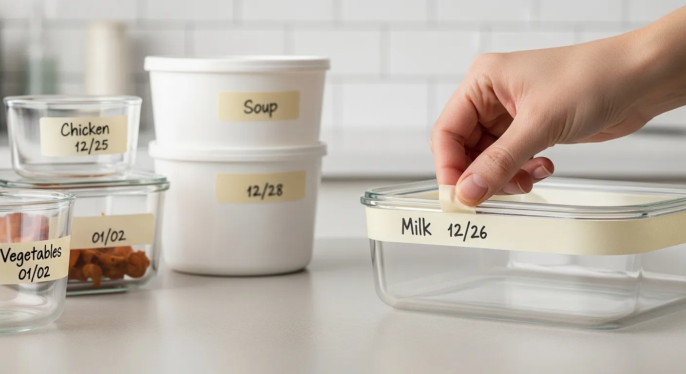 A Hand Carefully Applying a Strip of Beige Masking Tape to a Clear Glass Food Storage Container