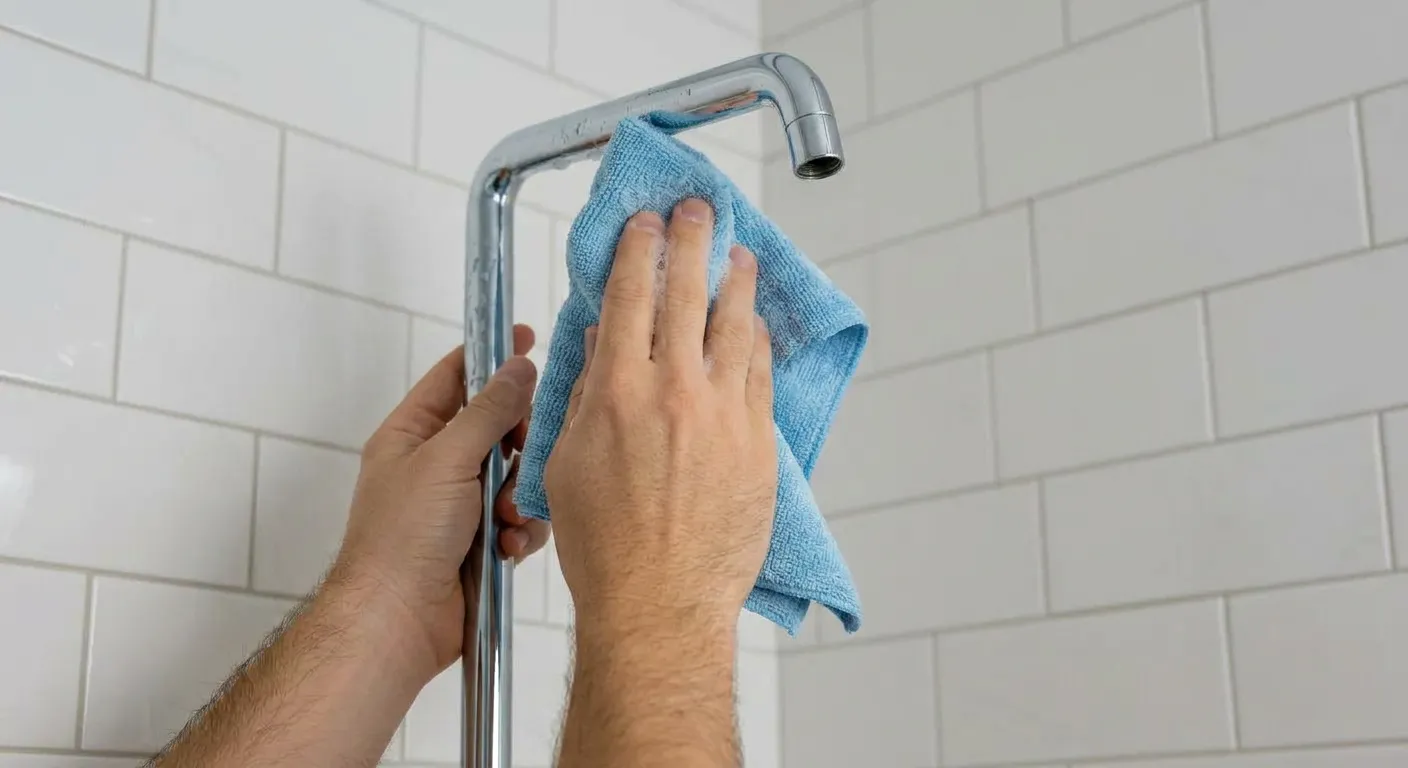 A Hand Cleaning the Shower Arm With a Blue Cloth