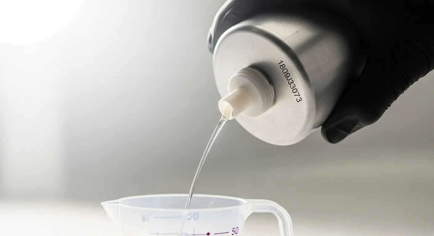 A Hand, Encased in a Sleek, Tight-fitting Black Nitrile Glove, Holds a Silver-toned Metallic Container, Pouring Thinner Carefully