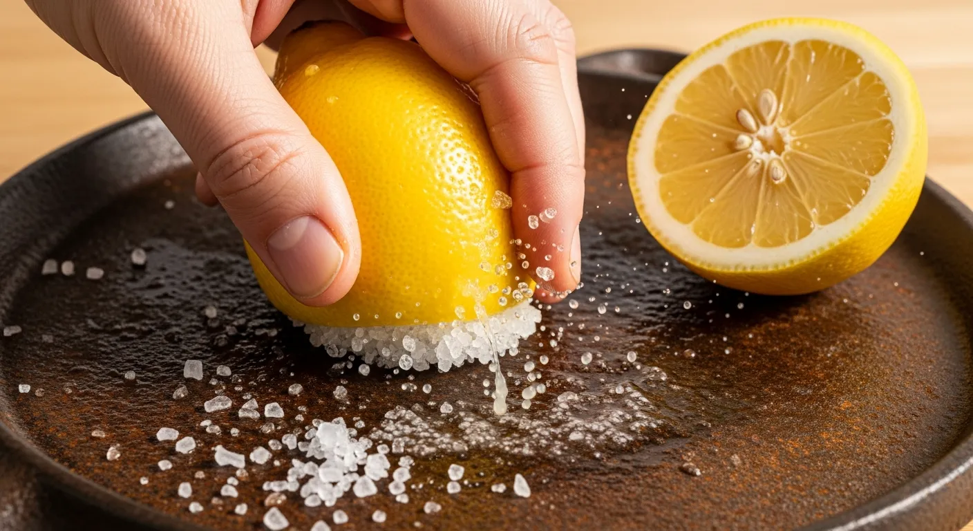 A Hand Gently Scrubbing a Heavily Rusted Antique Cast Iron Surface With Vibrant Yellow Lemon and Coarse White Salt Crystals