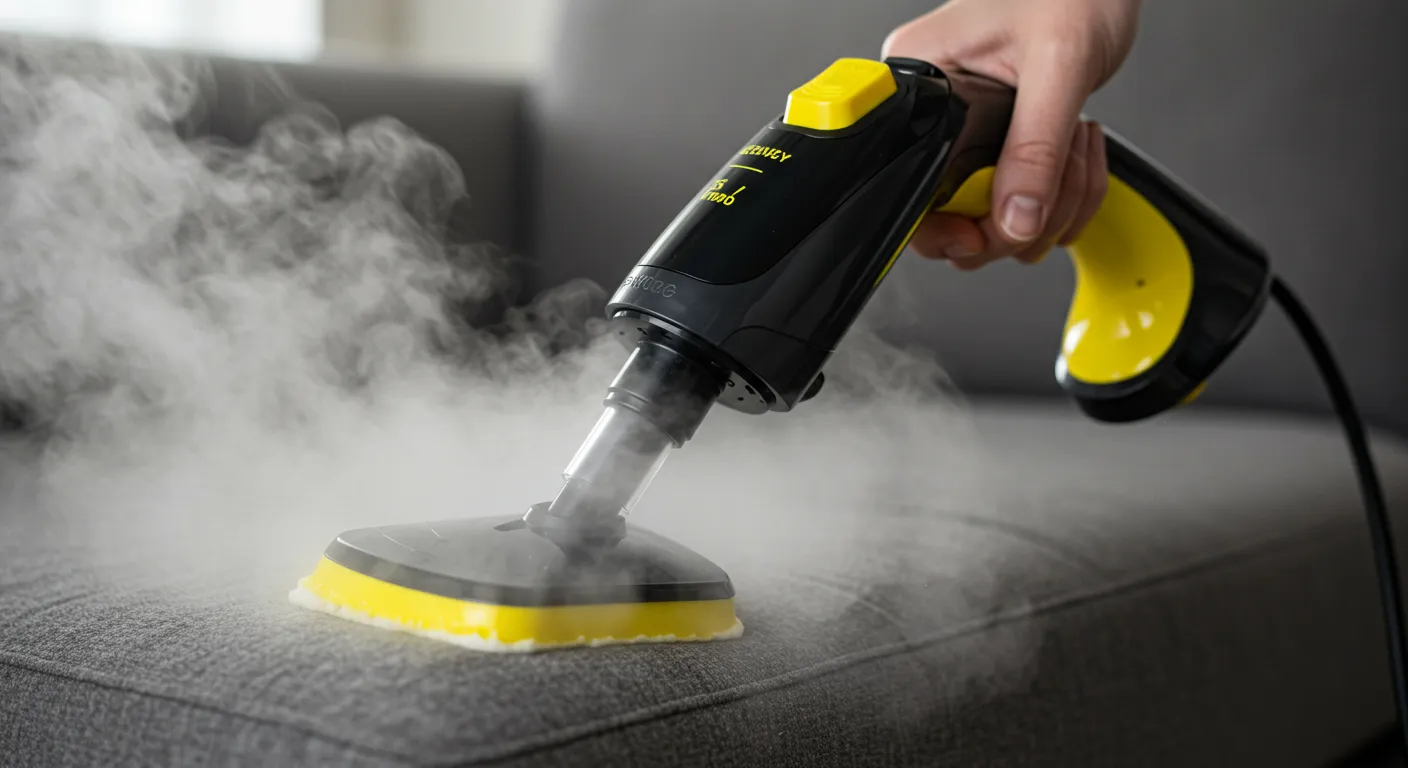 A Hand Holding a Black and Yellow Steam Cleaner Emitting Steam A Hand Holding a Black and Yellow Steam Cleaner Emitting Steam