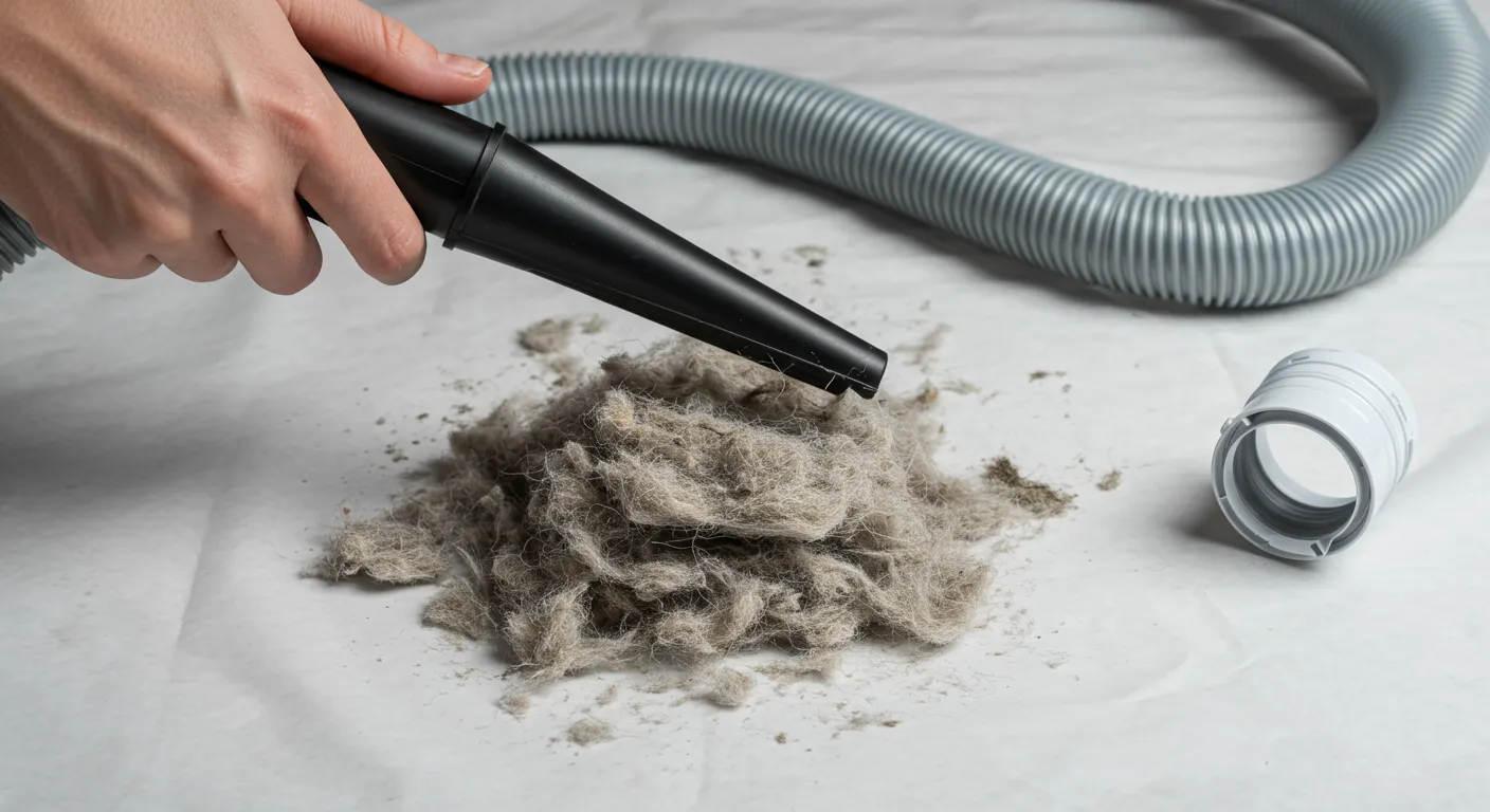A Hand Holding a Vacuum Hose Nozzle Over a Pile of Dryer Lint on a White Plastic Sheet A Hand Holding a Vacuum Hose Nozzle Over a Pile of Dryer Lint on a White Plastic Sheet