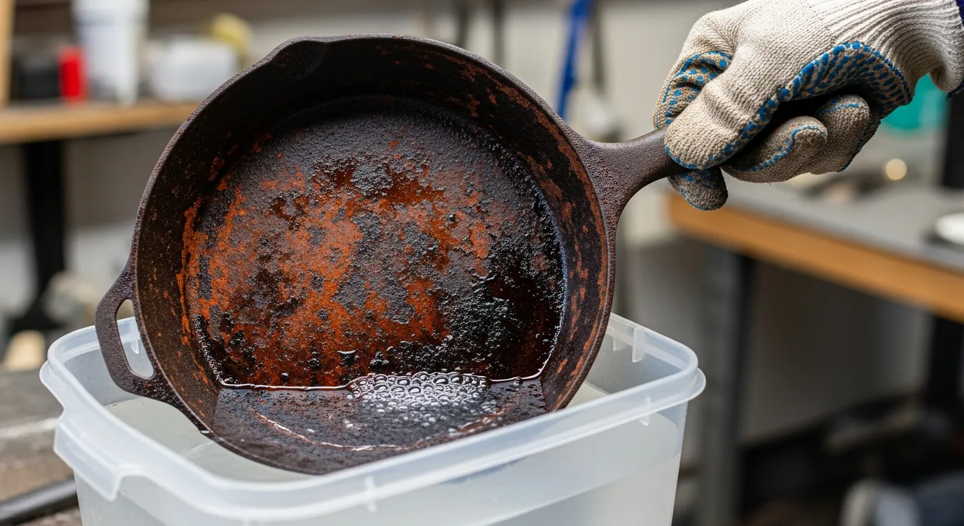A Hand Lowering a Piece of Heavily Rusted, Antique Cast Iron Into a Clear Glass Container Filled With Translucent White Vinegar