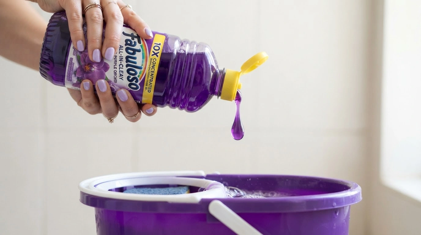 A Hand, Meticulously Holding an Inverted, Ribbed Purple Plastic Bottle of 'Fabuloso' is Pouring Out in a Bucket