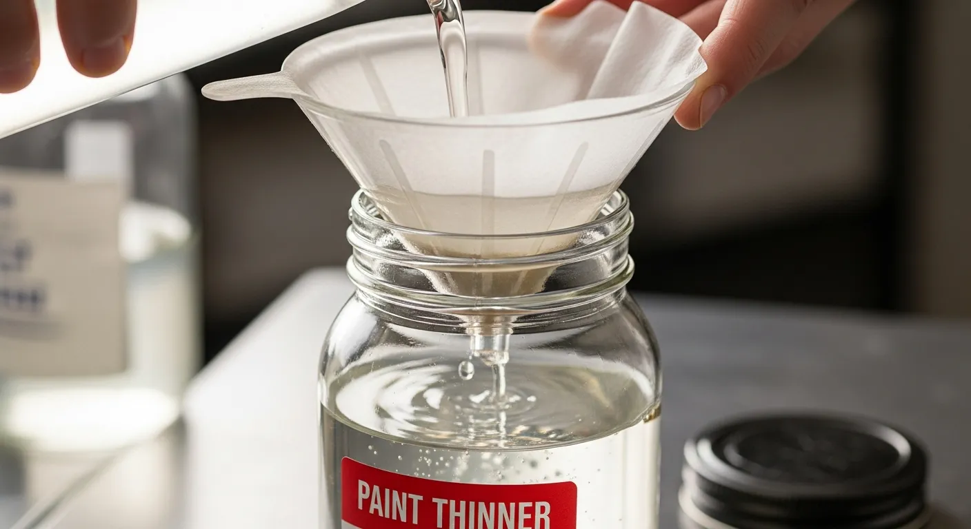 A Hand Meticulously Pouring Glistening, Paint Thinner Through a White Paper Filter and Clear Plastic Funnel Into a Glass Mason Jar