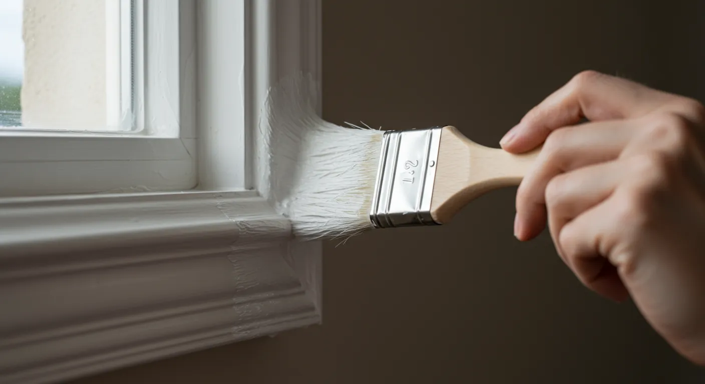 A Hand Painting a Window Trim With a Paintbrush A Hand Painting a Window Trim With a Paintbrush