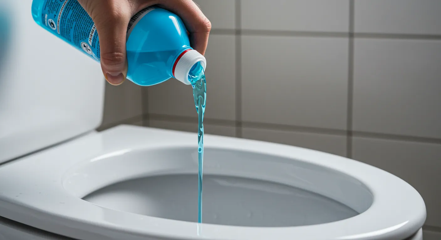 A Hand Pouring Blue Toilet Bowl Cleaner Into a White Toilet Bowl A Hand Pouring Blue Toilet Bowl Cleaner Into a White Toilet Bowl