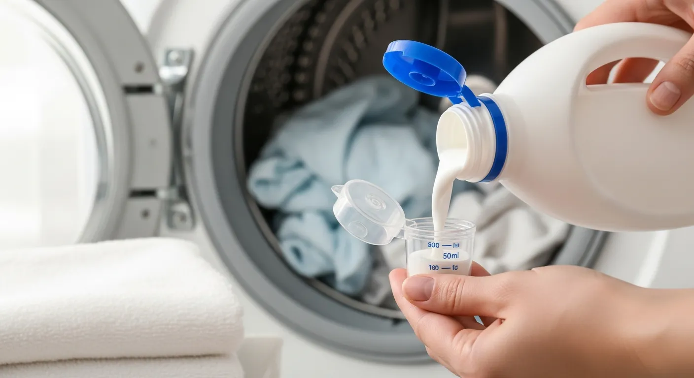 A Hand Pouring White Liquid Laundry Detergent From a White Plastic Bottle Into a Measuring Cap