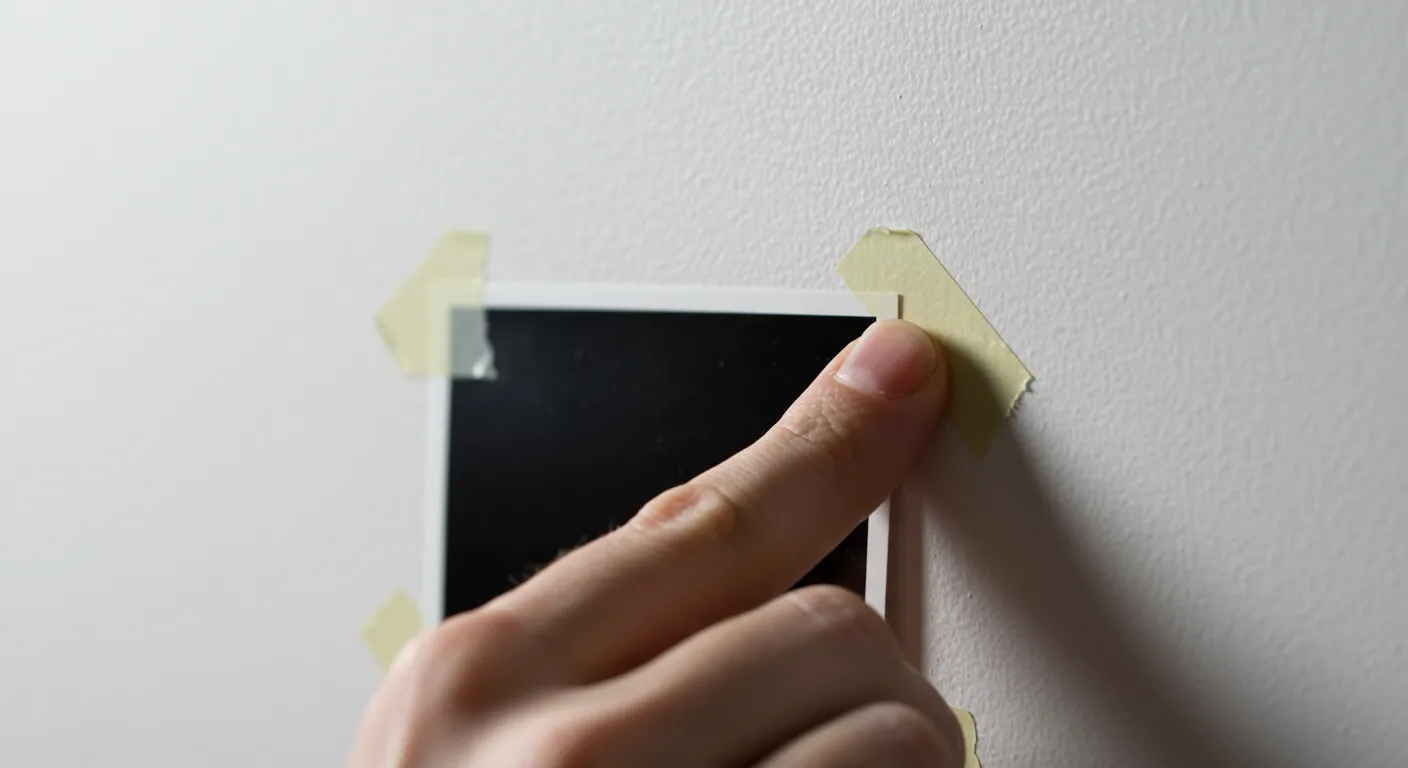A Hand Presses a Small Unframed Photo Against the Wall Using the Tape at Each Corner