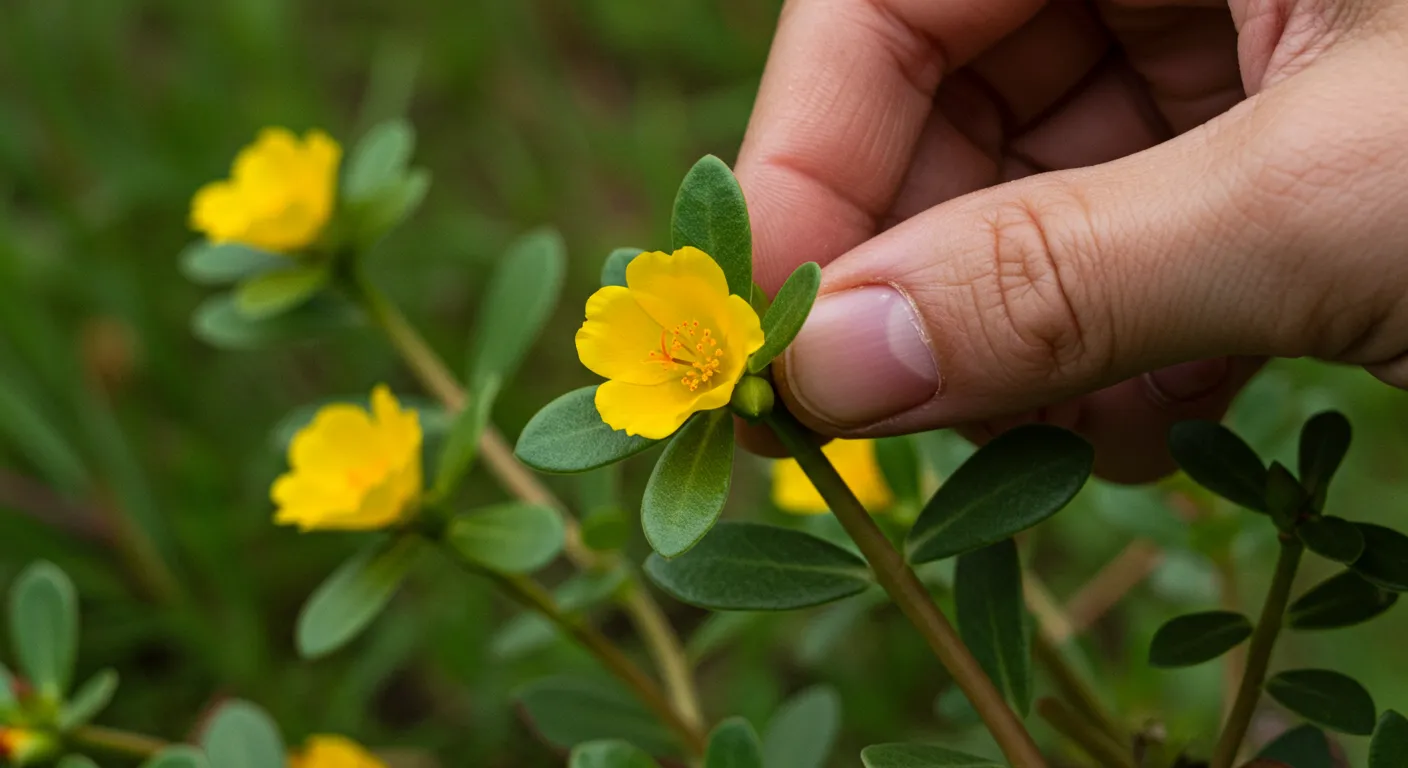 A Hand Pulling a Purslane Weed From a Garden A Hand Pulling a Purslane Weed From a Garden