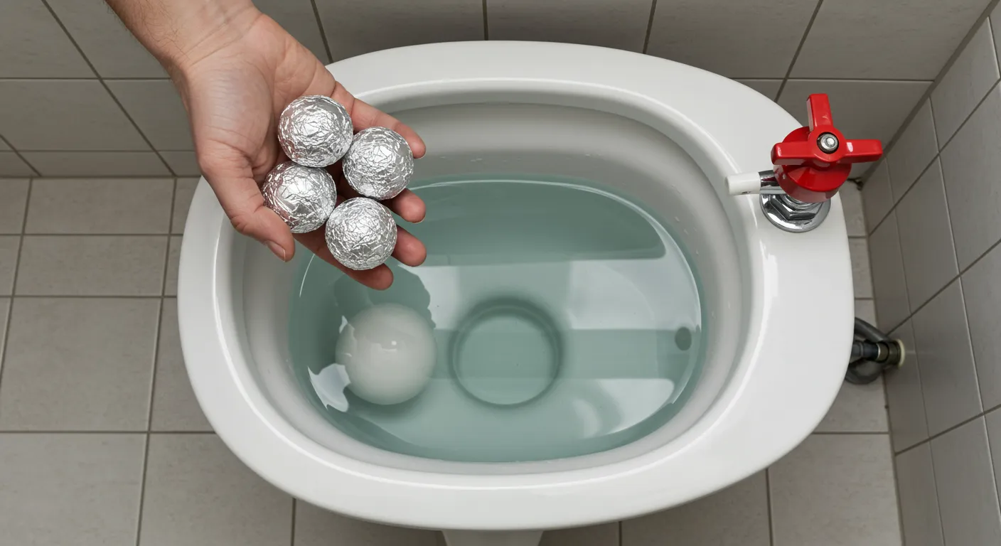 A Hand Putting Aluminum Foil Balls in a White Ceramic Toilet Tank A Hand Putting Aluminum Foil Balls in a White Ceramic Toilet Tank