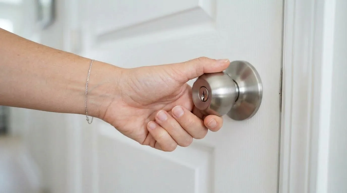 A Hand Reaching for a Brushed Silver Doorknob on a White Door