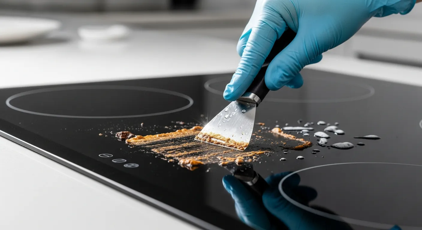 A Hand Scraping Stubborn, Food Residue From a Black Glass-ceramic Electric Stove Cooktop With a Scrape by Applying Vinegar and Dish SOAP Paste