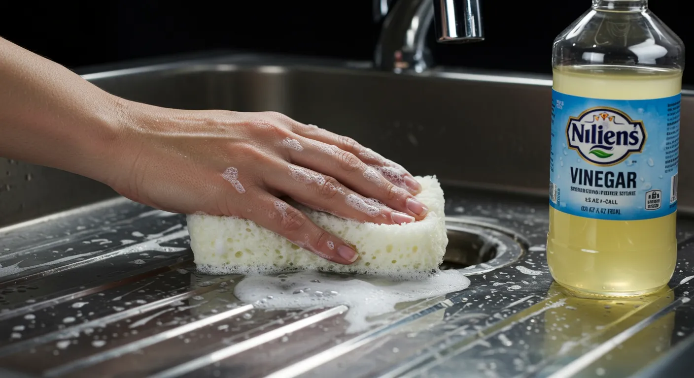 A Hand Scrubbing a Stainless Steel Kitchen Sink With a White Sponge and a Bottle of Vinegar is Nearby. A Hand Scrubbing a Stainless Steel Kitchen Sink With a White Sponge and a Bottle of Vinegar is Nearby.