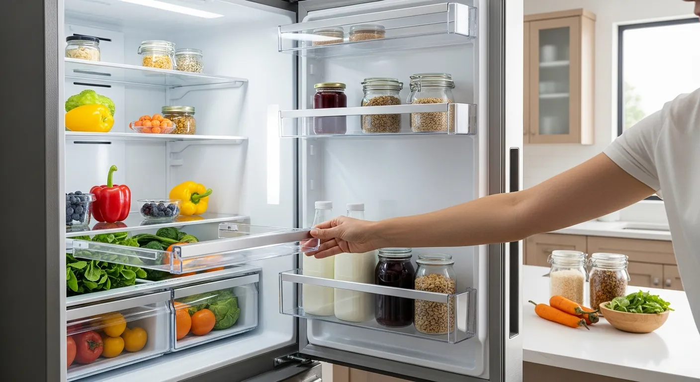 A Hand is Precisely Adjusting a Clear Glass Shelf, Slightly Pulled Out of Its Slot, to Maximize Storage Space