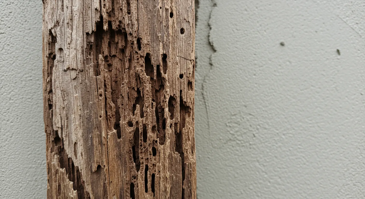 A Heavily Damaged and Weathered Wooden Beam, Showcasing Extensive Termite Damage With Numerous Holes A Heavily Damaged and Weathered Wooden Beam, Showcasing Extensive Termite Damage With Numerous Holes