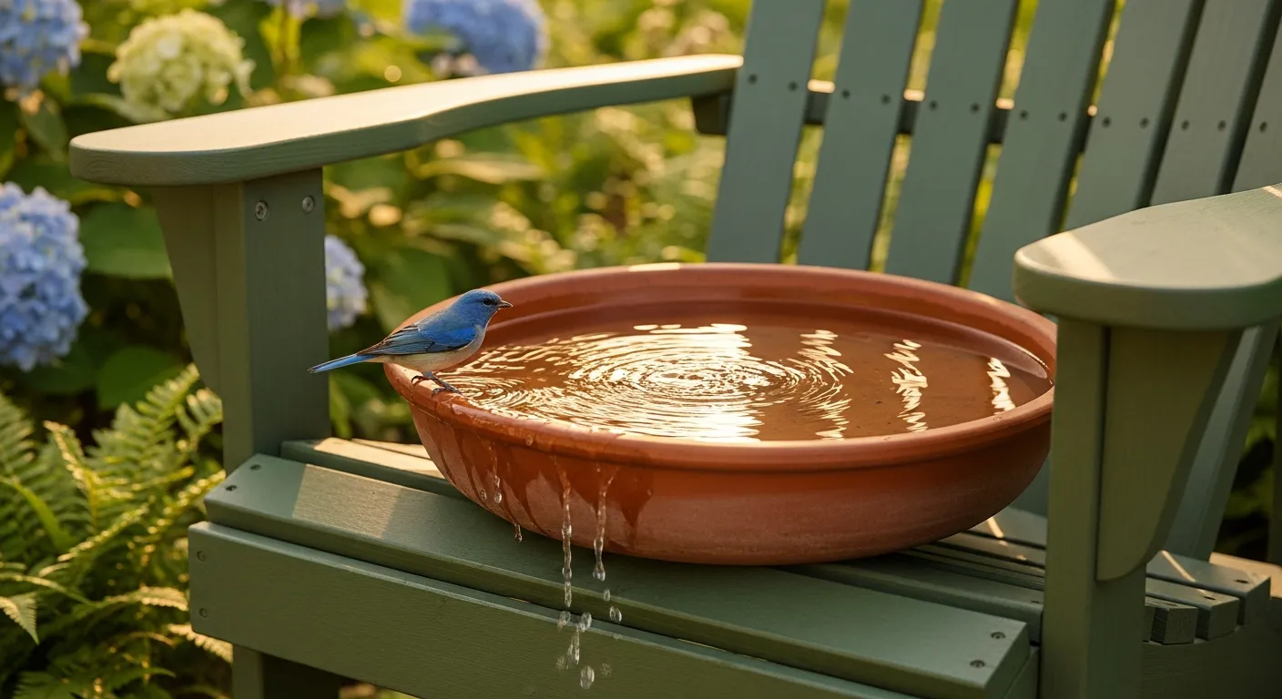 A Heavy, Rustic Terra Cotta Pot Tray Bird Bath, Overflowing With Sparkling, Clear Water, is Securely Placed on a Classic Adirondack Chair