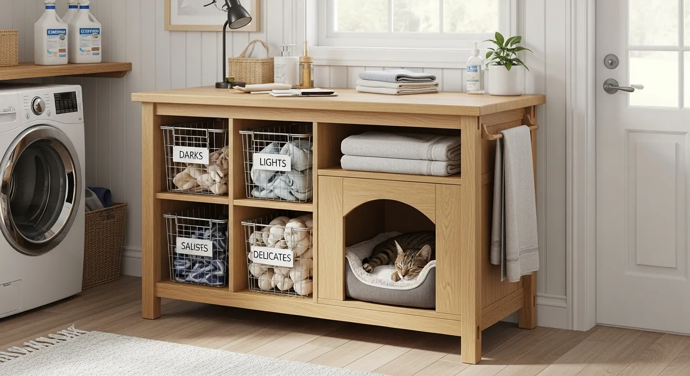 A Highly Functional, Modern Laundry Room With a Sleek, Ingenious Dual-functioning Work Table Made of Light, Smooth Wood