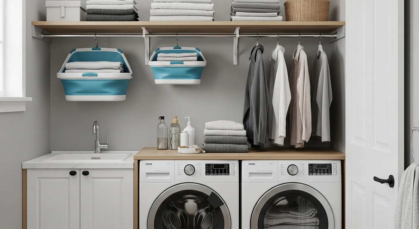 A Highly Organized, Small Laundry Room, With a Modern Foldable Laundry Baskets Hanging Above White Washing Machine and Dryer 
