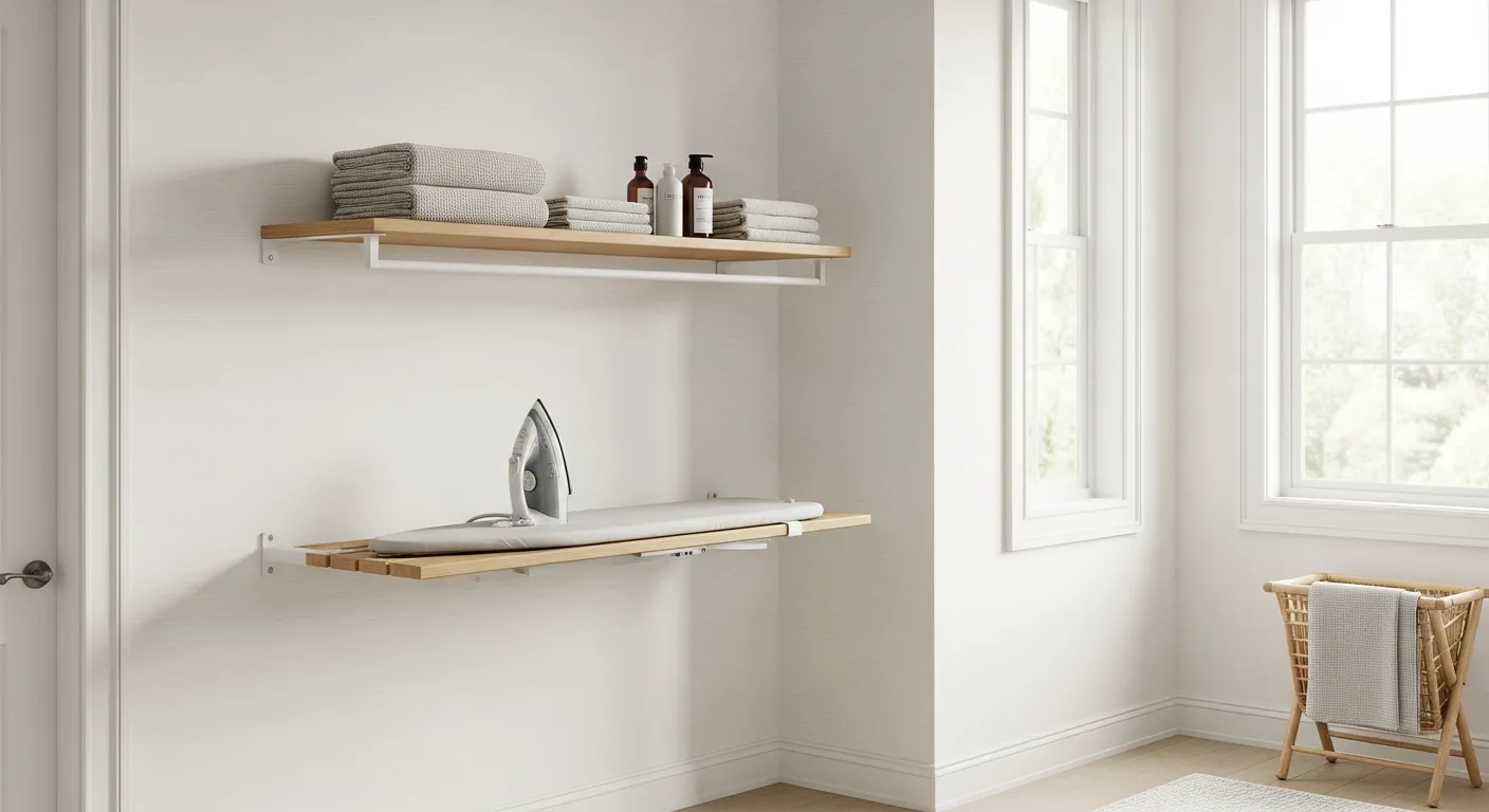 A Highly Stylish, Space-saving Wall-mounted Ironing Station Seamlessly Integrated Into a Bright, Contemporary Laundry Room