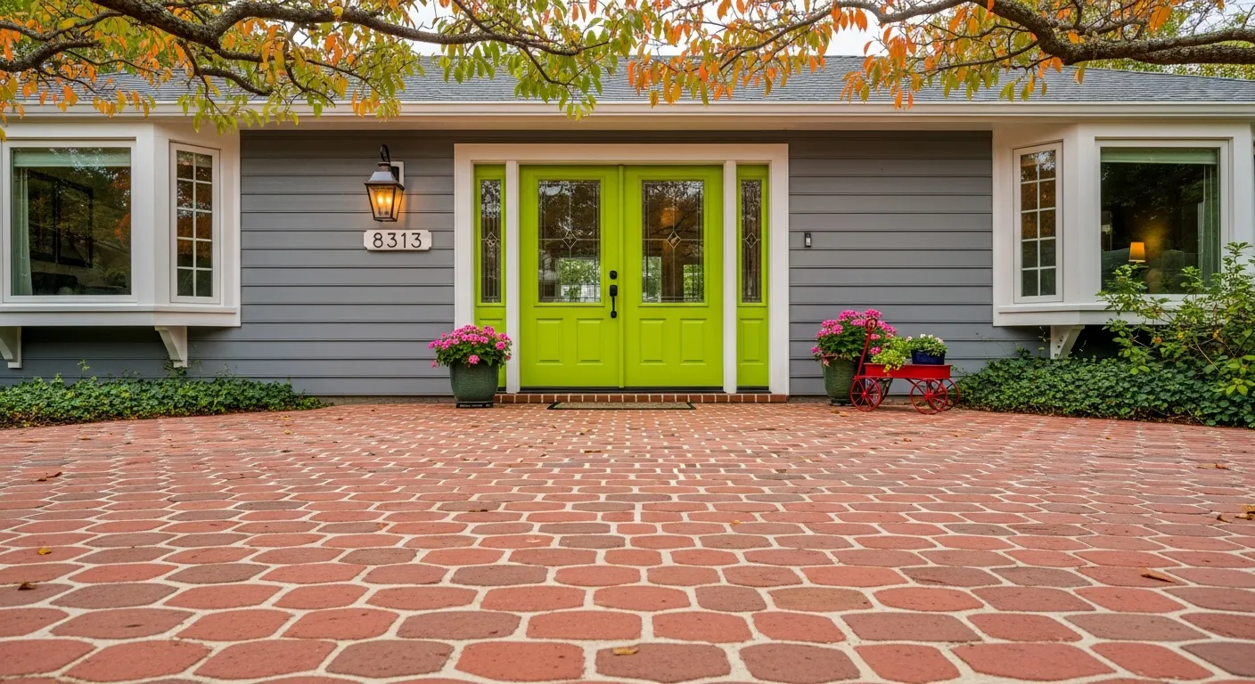 A House With Vibrant Lime Green Double Doors, and White Trim