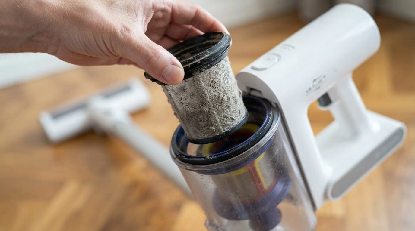 A Human Hand Carefully Removing a Heavily Dust-laden, Filter From a Modern, White Cordless Stick Vacuum Cleaner
