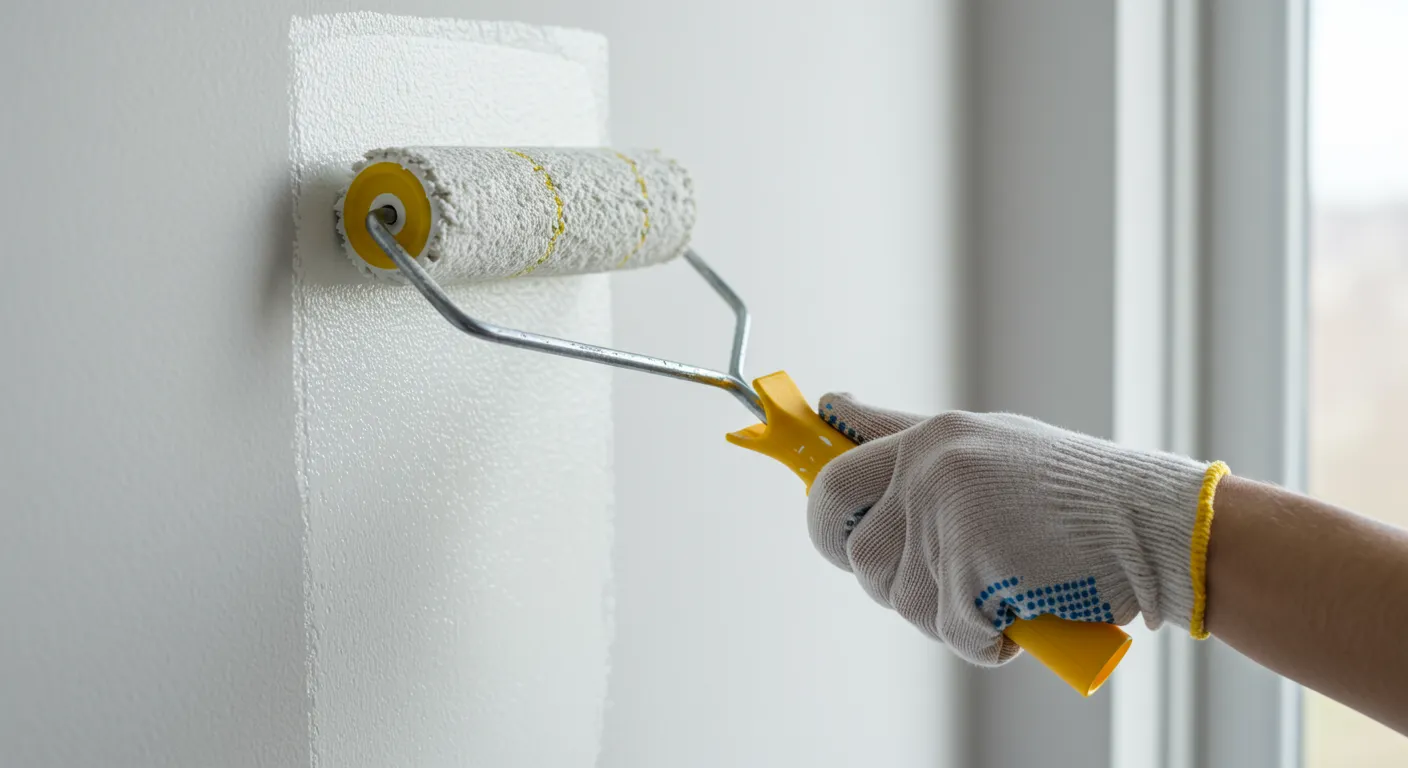 A Human Hand Firmly Gripping a Paint Roller With a Yellow Handle A Human Hand Firmly Gripping a Paint Roller With a Yellow Handle