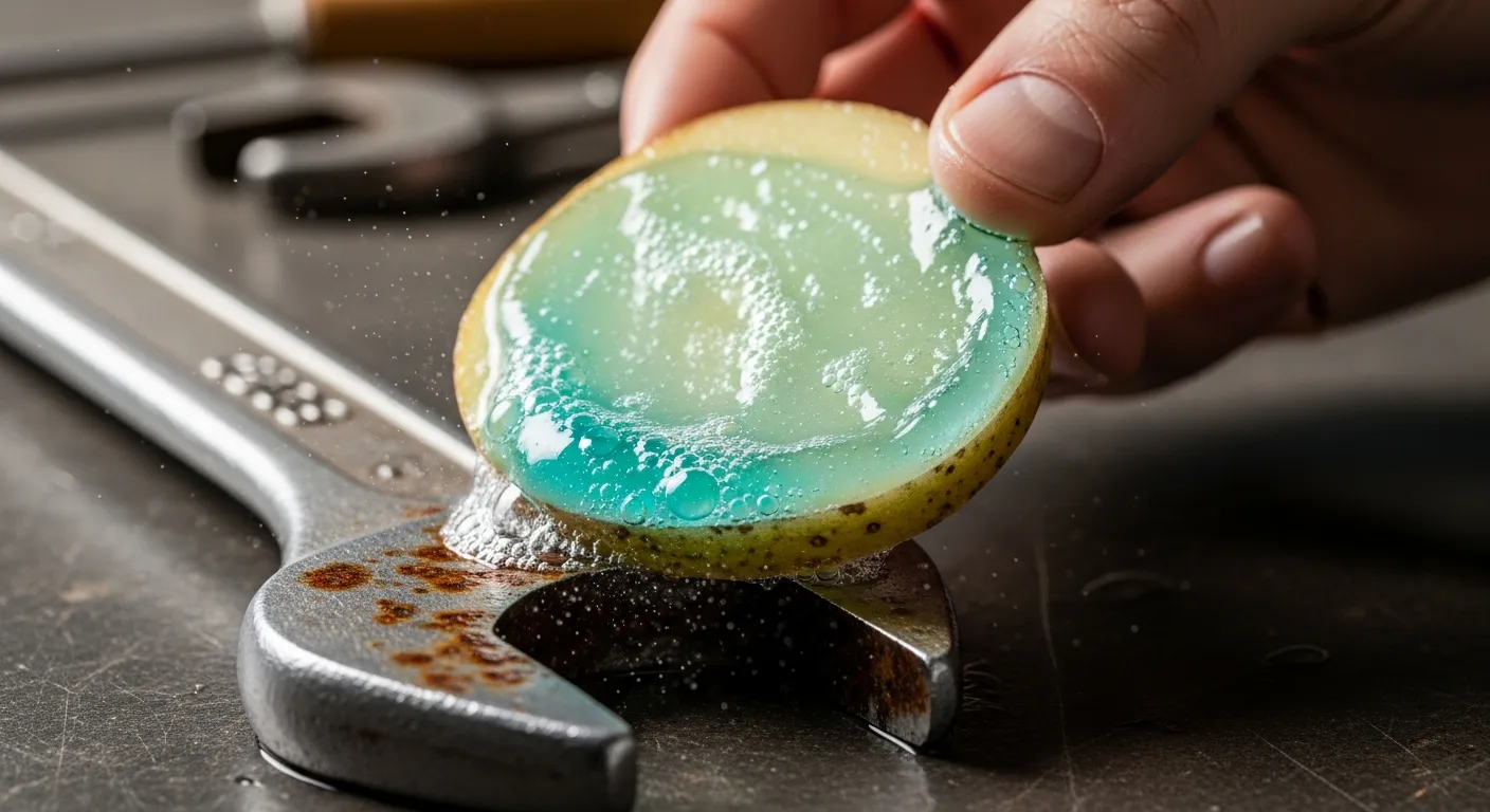A Human Hand, Gently Holds a Half-slice of a Potato, Glistening With a Layer of Blue Liquid Dish SOAP Applied to Its Flat, Cut Surface