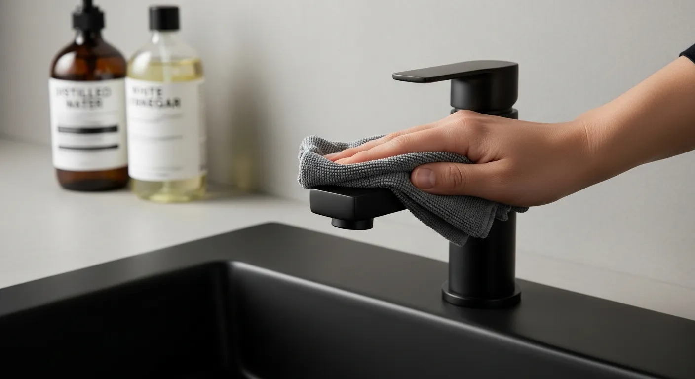 A Human Hand, Gently Wiping a Pristine Matte Black Bathroom Faucet With a Soft, Clean Microfiber Cloth