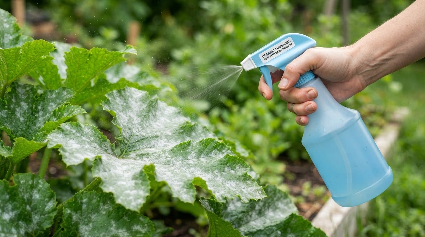 A Human Hand Gripping a Light Blue Plastic Trigger Spray Bottle With a White Nozzle