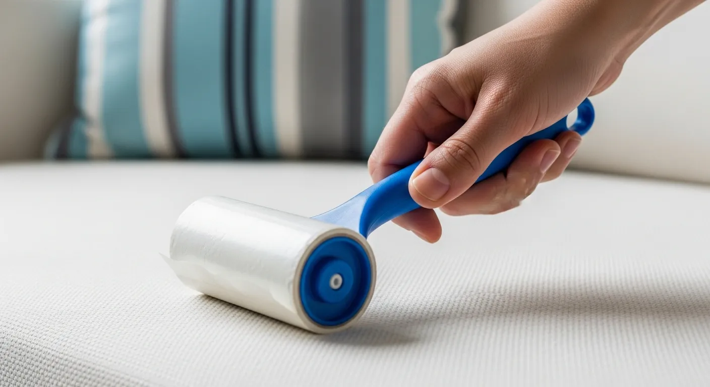 A Human Hand Holding a Blue-handled Lint Roller, Actively Rolling It Across a Clean White Upholstered Sofa