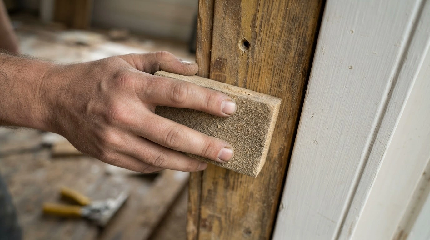 A Human Hand Holding a Rectangular Piece of Sandpaper and Scrubbing Wooden Frame