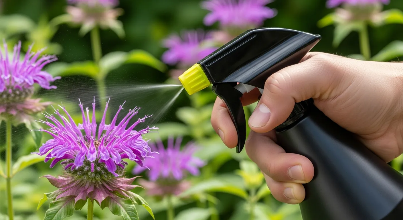 A Human Hand Holding a Spray Bottle, Actively Spraying Vibrant Purple Bee Balm Flowers