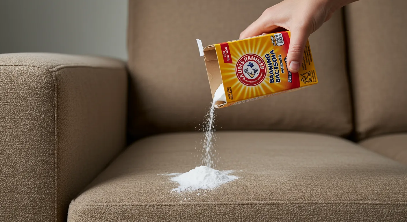 A Human Hand Pouring Baking Soda onto a Taupe Colored Microfiber Couch Cushion A Human Hand Pouring Baking Soda onto a Taupe Colored Microfiber Couch Cushion