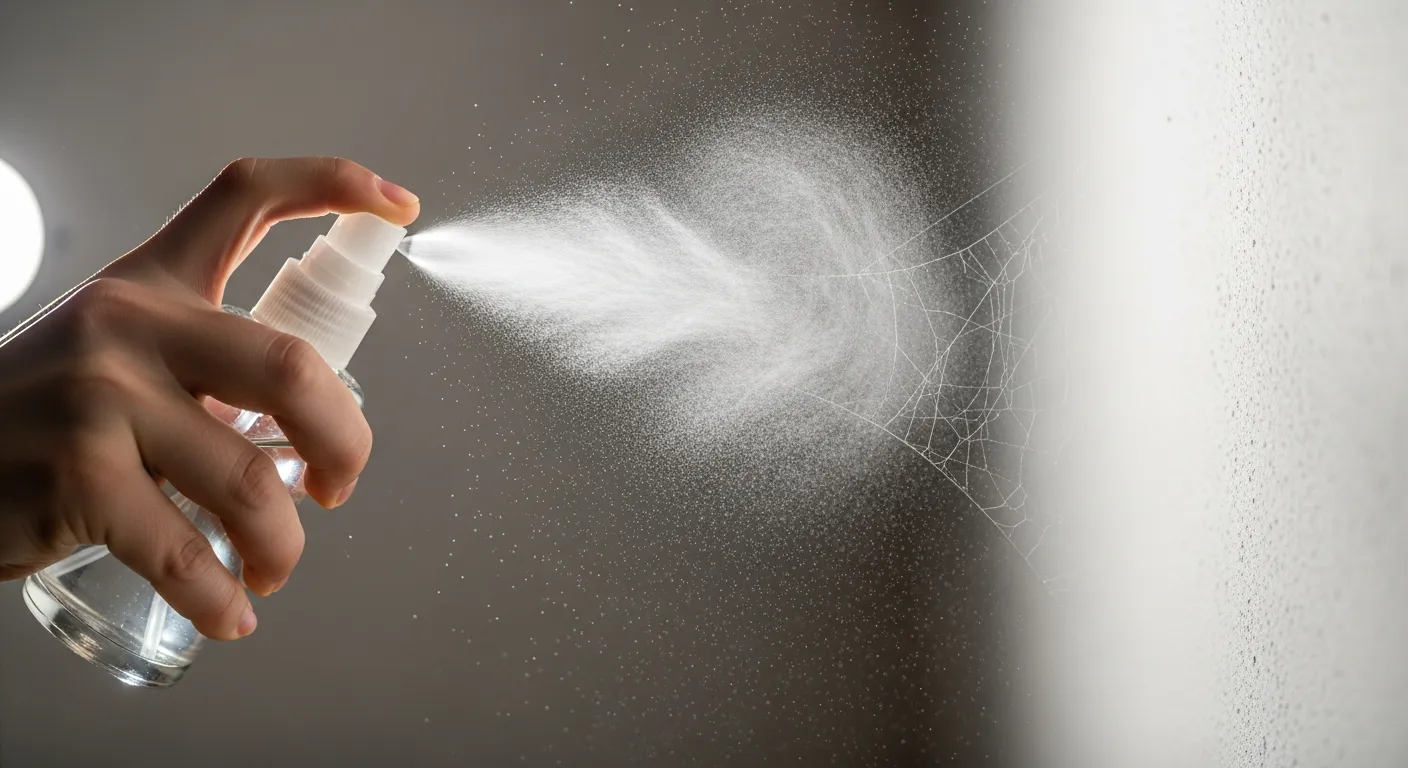 A Human Hand, Spraying Mist of Homemade Peppermint Oil Solution on Cobweb