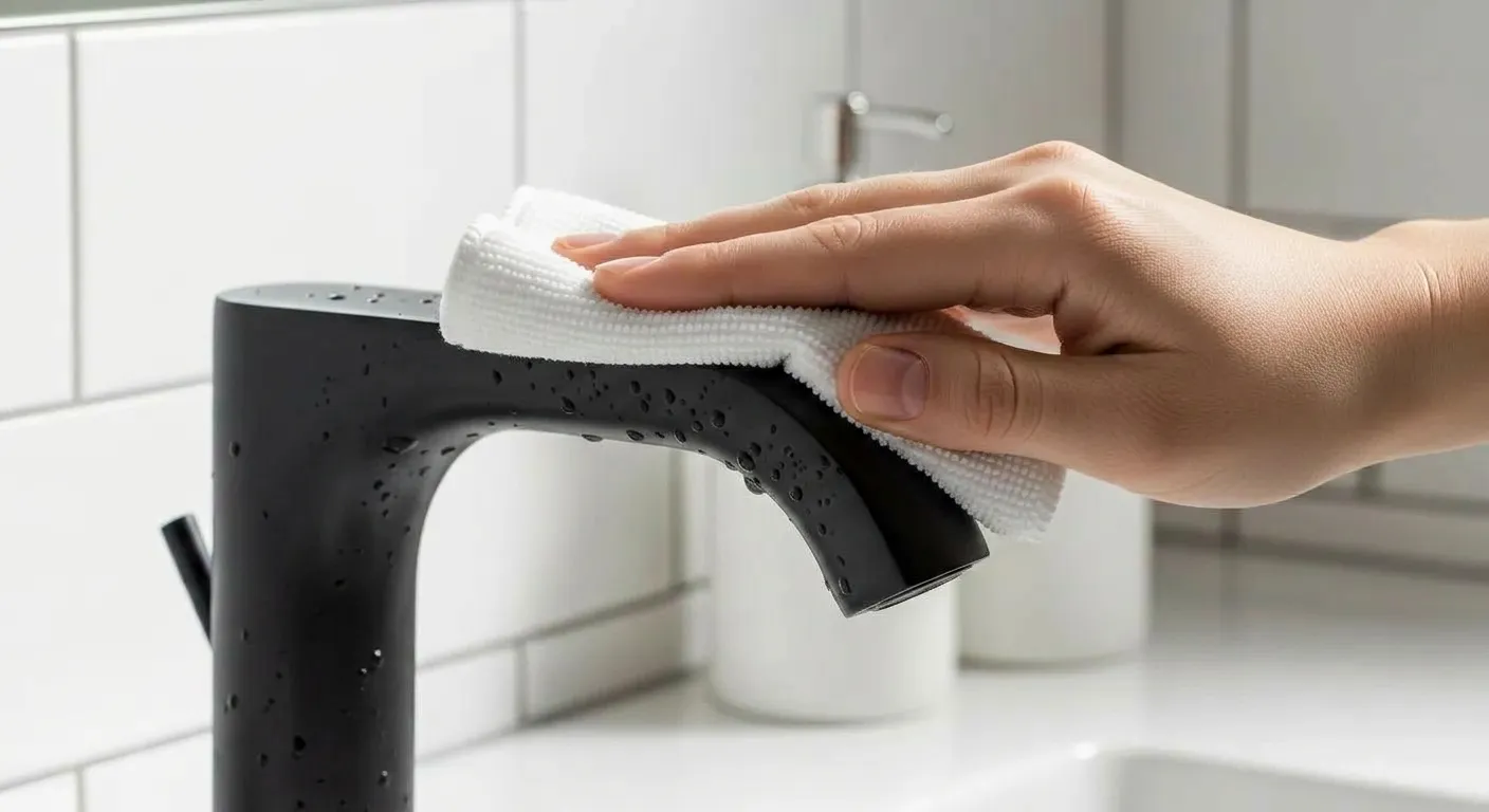 A Human Hand Wiping a Modern, Sleek Bathroom Faucet With a Soft, Damp White Microfiber Cloth
