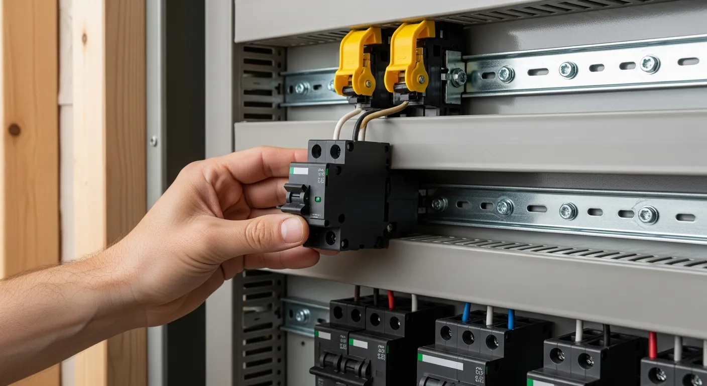 A Human Right Hand, With Light Skin Tone, Precisely Inserting a Black Plastic Circuit Breaker Into a Grey Metal Electrical Service Panel