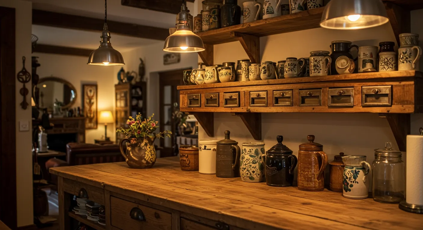 A Kitchen With Artisan Ceramics on Open Shelving, Vintage Hardware and Curated Lighting A Kitchen With Artisan Ceramics on Open Shelving, Vintage Hardware and Curated Lighting
