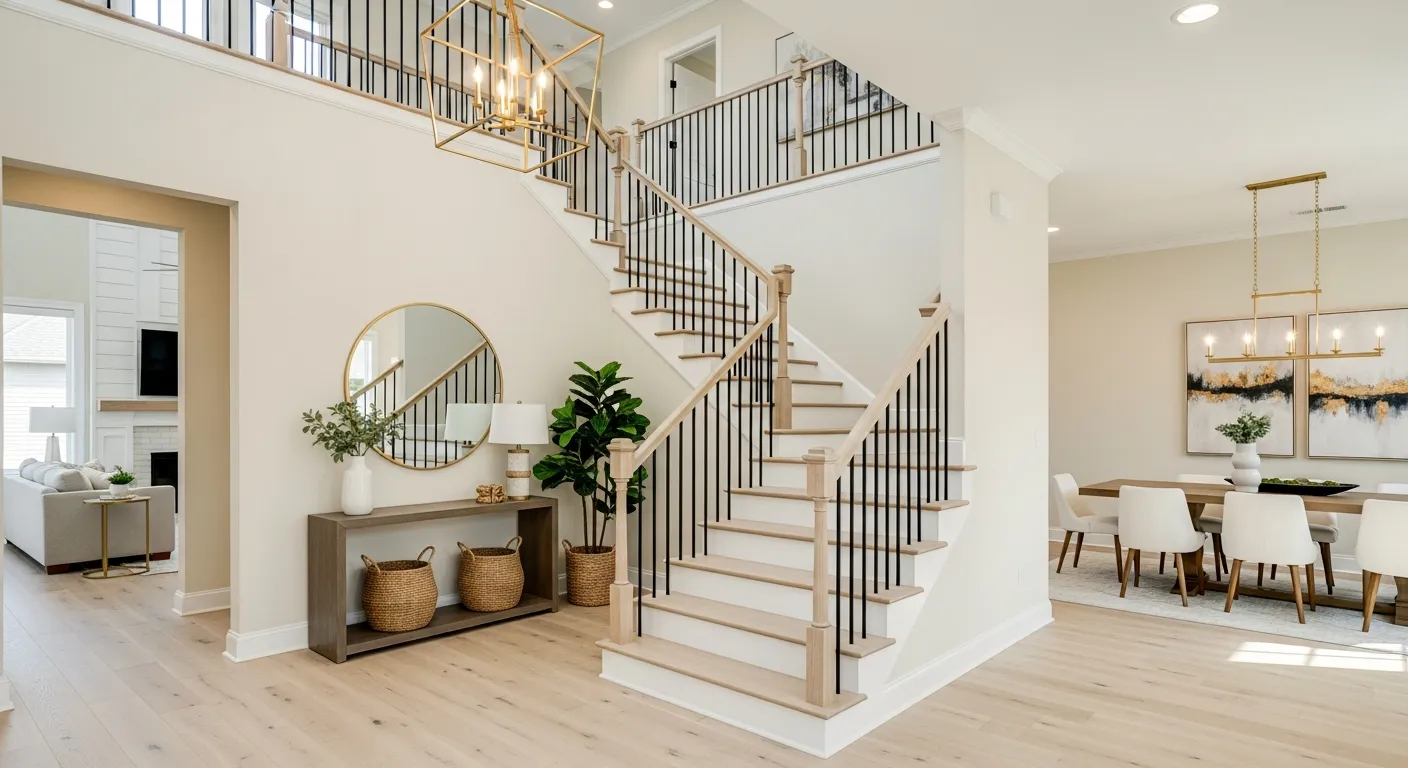 A L-shaped Staircase With Light Blonde Wood Treads, White Risers, and Slender Black Metal Balusters Ascends From the Foreground