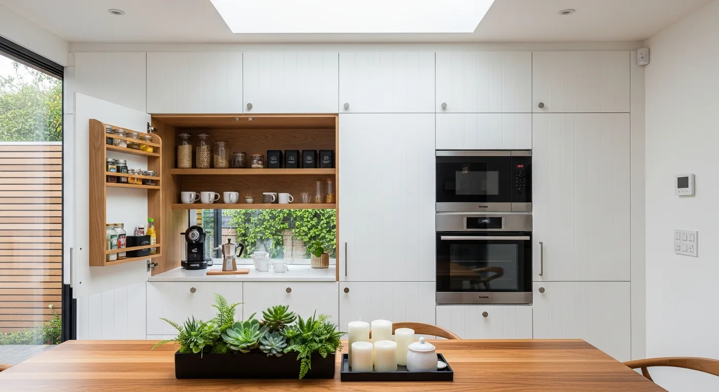 A Large, Custom-built White Cabinet With a Separate Space for the Microwave