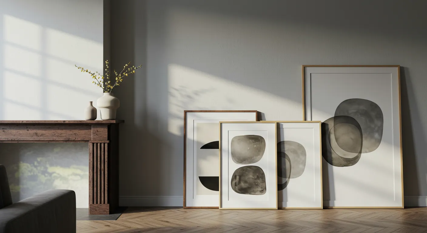 A Large Framed Artwork Leans Against a Light Gray Wall