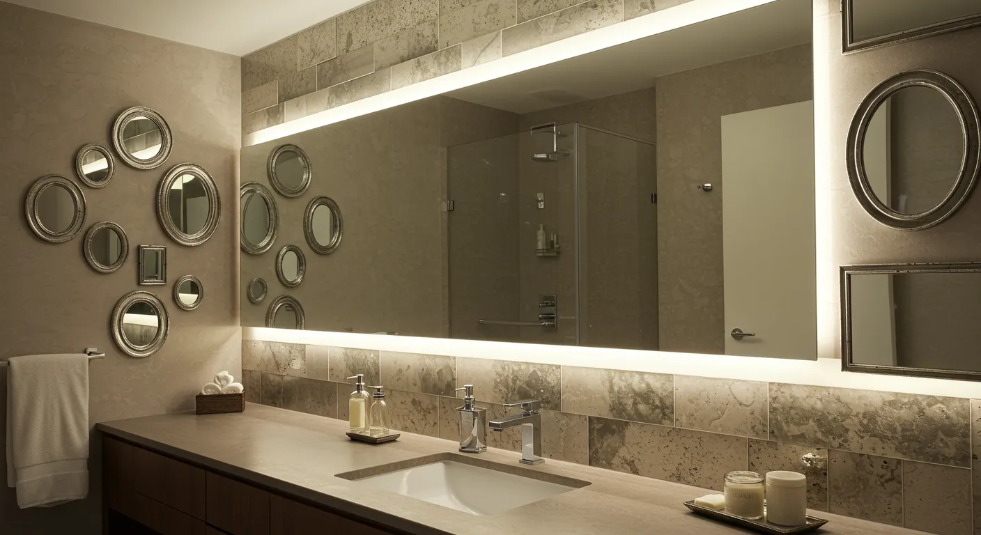 A Large Frameless Mirror Above Vanity With Some Small Decorative Mirrors Arranged Artfully on Adjacent Wall A Large Frameless Mirror Above Vanity With Some Small Decorative Mirrors Arranged Artfully on Adjacent Wall