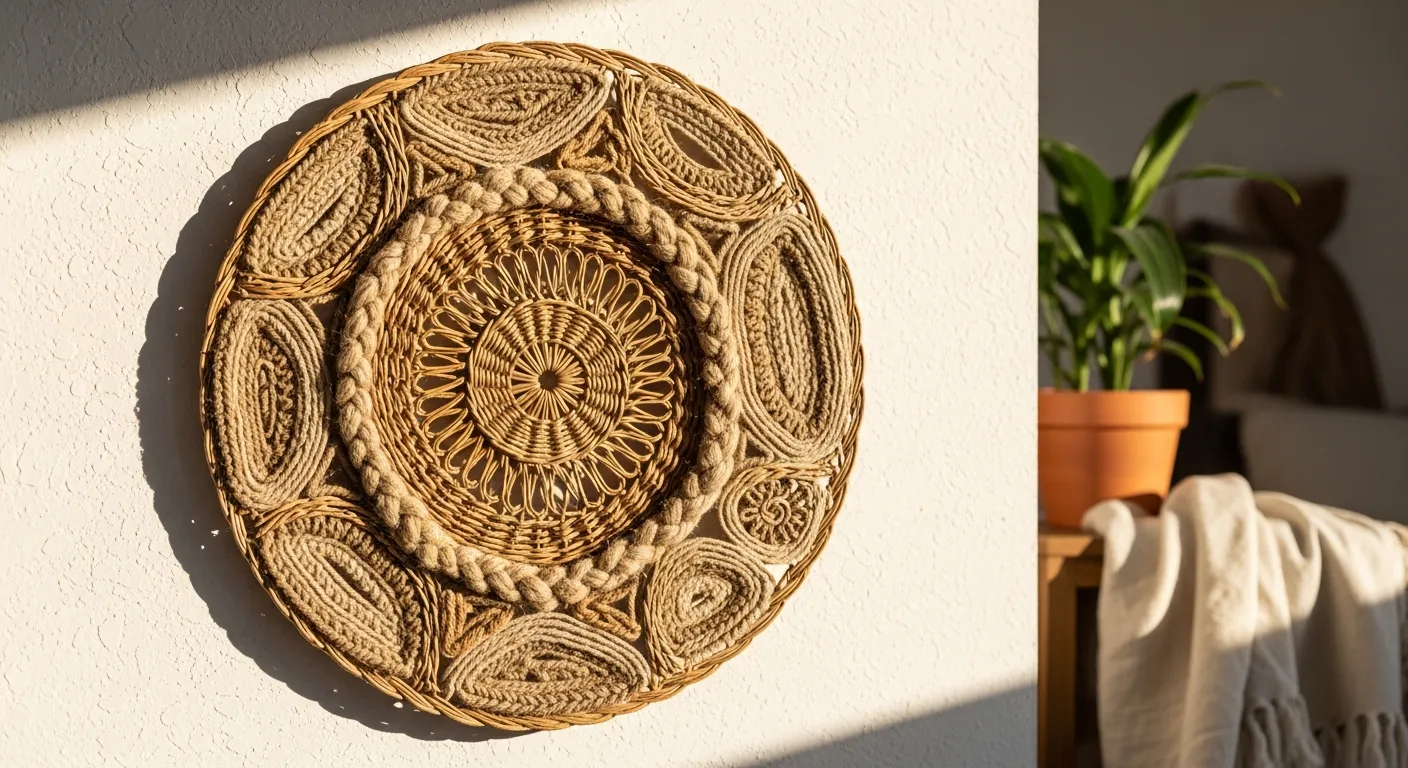 A Large, Intricate Piece of Natural Fiber Art, Crafted From Interwoven Rattan, Wicker, Hemp, and Jute Hanging Against a Textured White Wall