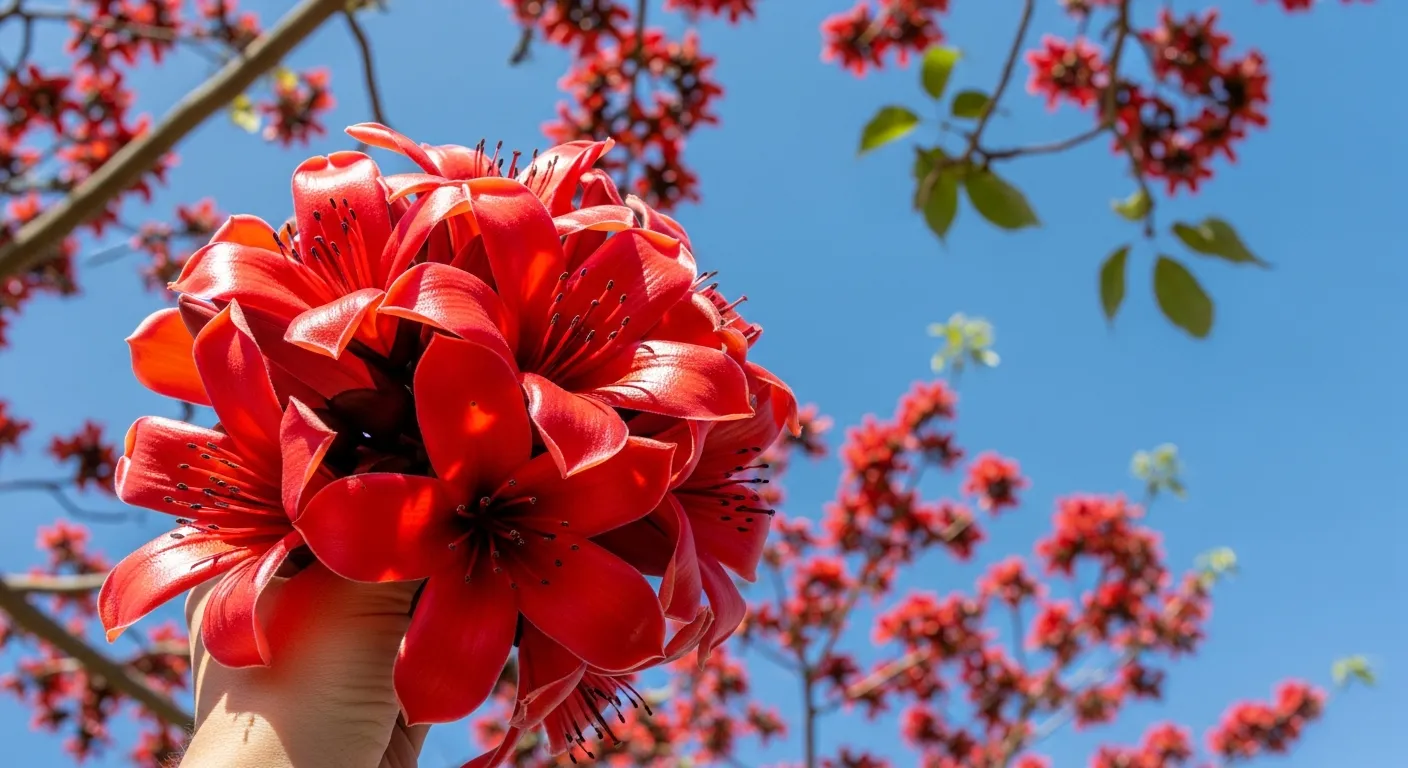 A Large, Intricately Detailed Cluster of Vibrant, Deep Red Tropical Flowers