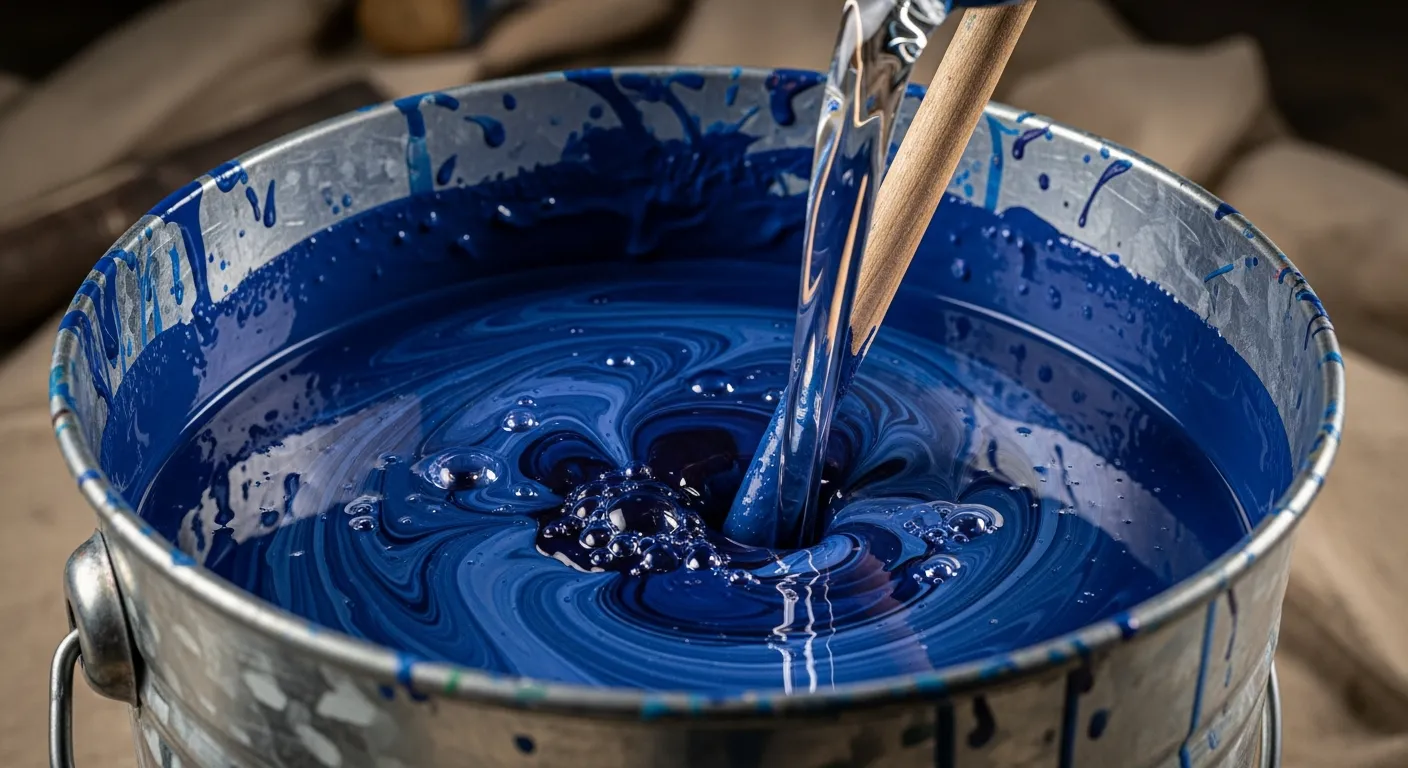 A Large, Well-used, Industrial Galvanized Metal Painting Bucket With a Thick, Rich, Deep Cerulean Blue Paint is in the Process of Being Thoroughly Mixed